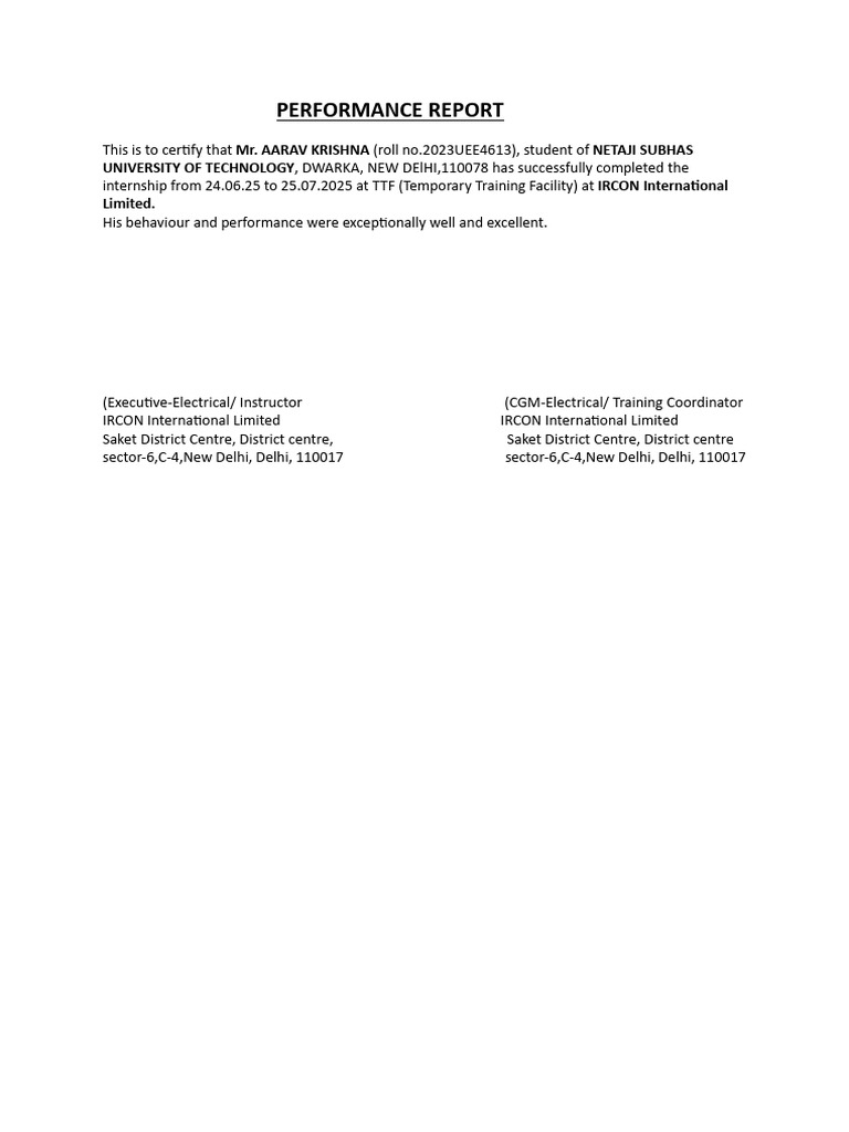 Aarav Krishna Internship Performance Report | PDF