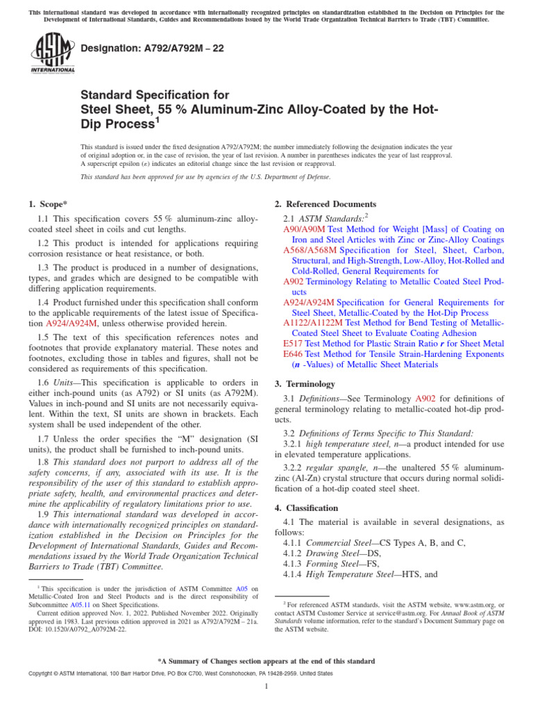 ASTM A792/A792M: Aluminum-Zinc Steel Sheet | PDF | Chemistry ...