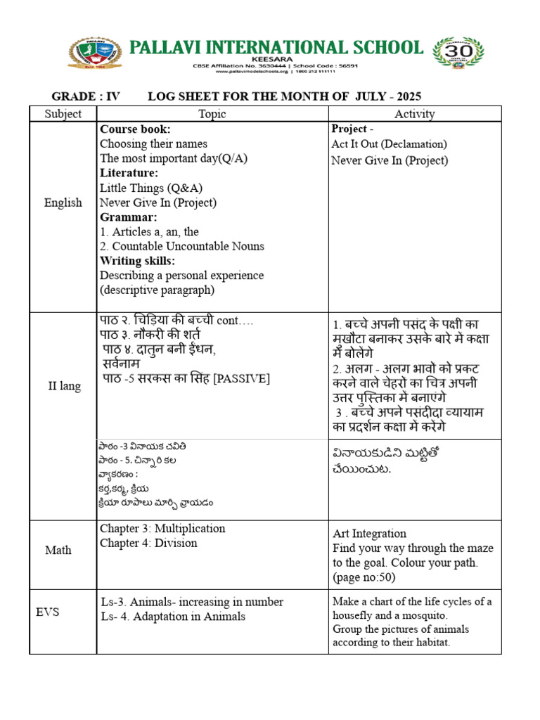 July 2025 Grade IV Log Sheet | PDF