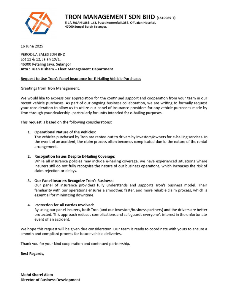 Request For Use of Tron's Panel Insurance | PDF
