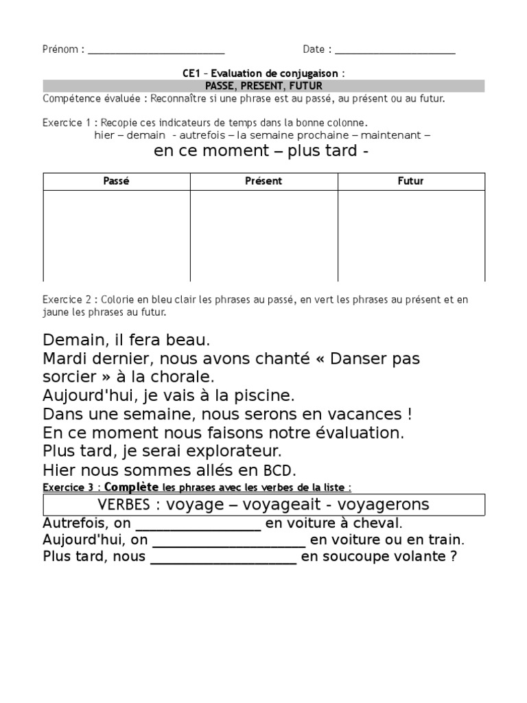 Exercices Passé Présent Futur Ce1 Éval Passé Présent Futur CE1 | PDF