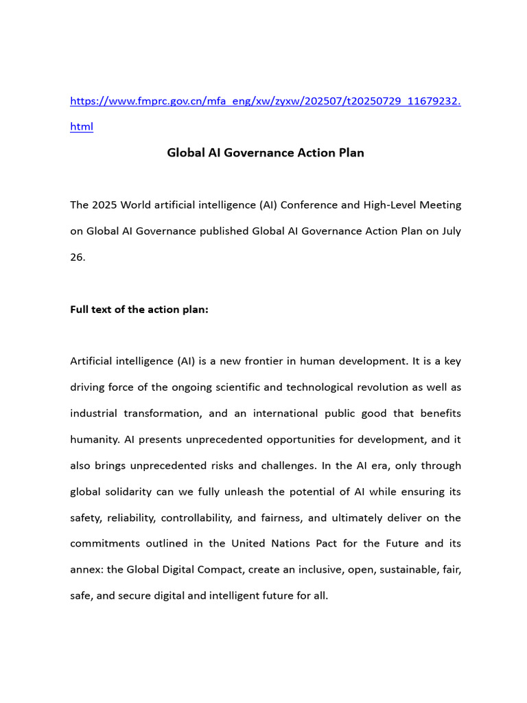Global AI Governance Action Plan | PDF | Artificial Intelligence ...