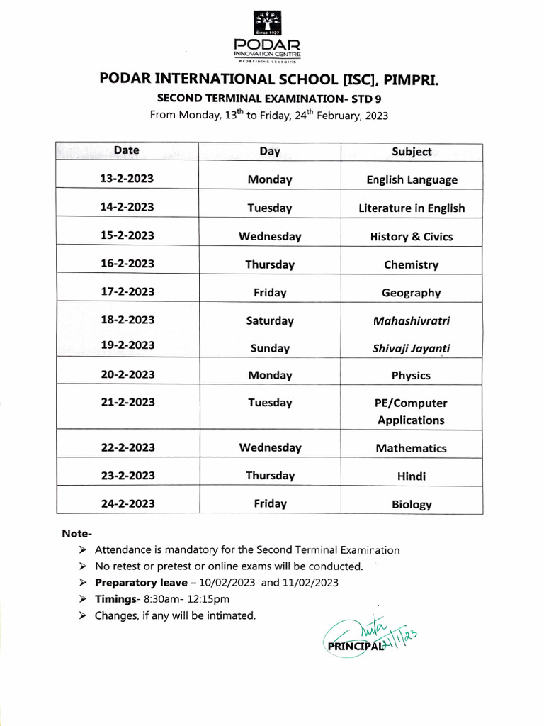 STD 9 Second Terminal Exam Schedule | PDF