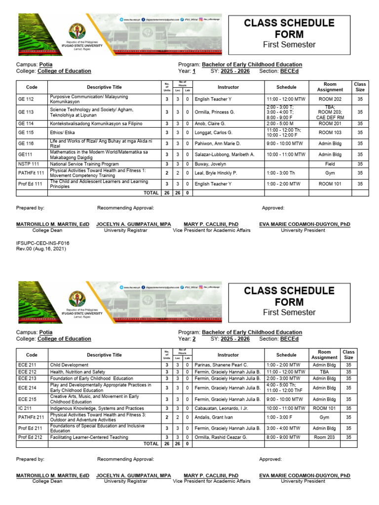 Coe 1st Sem 2025 2026 Class Schedule Per Program | PDF | Early ...