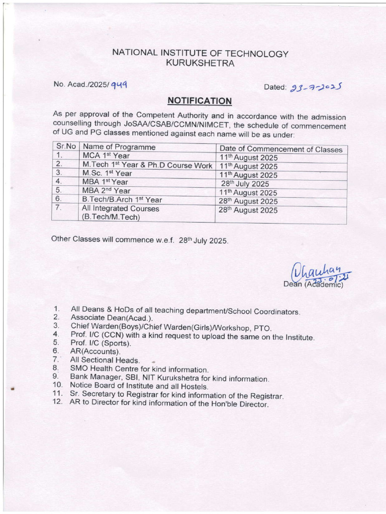 NIT Kurukshetra Academic Calendar 2025 | PDF