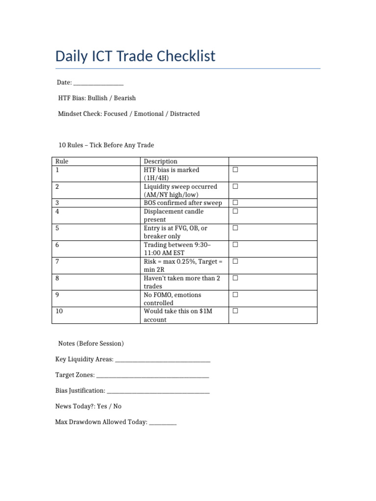 Daily ICT Trading Checklist | PDF