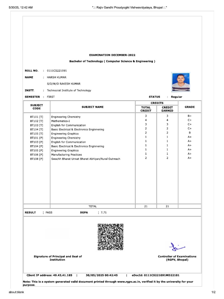 1st Sem Marksheet | PDF
