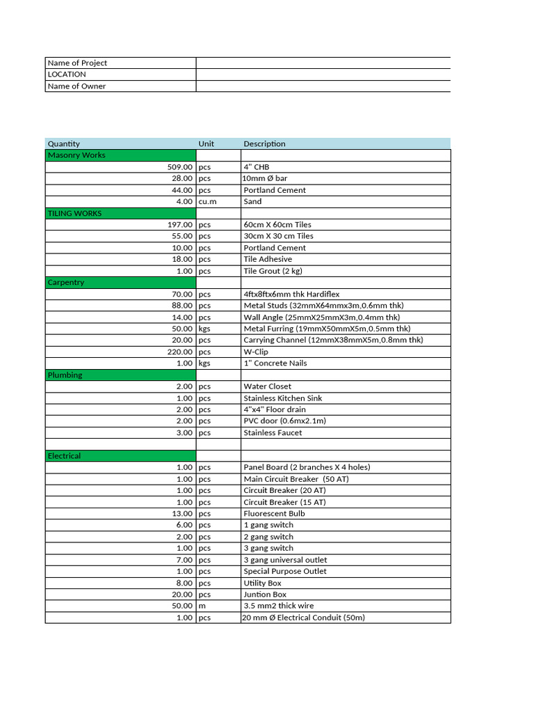 Construction Material Cost Breakdown | PDF | Tile | Civil Engineering
