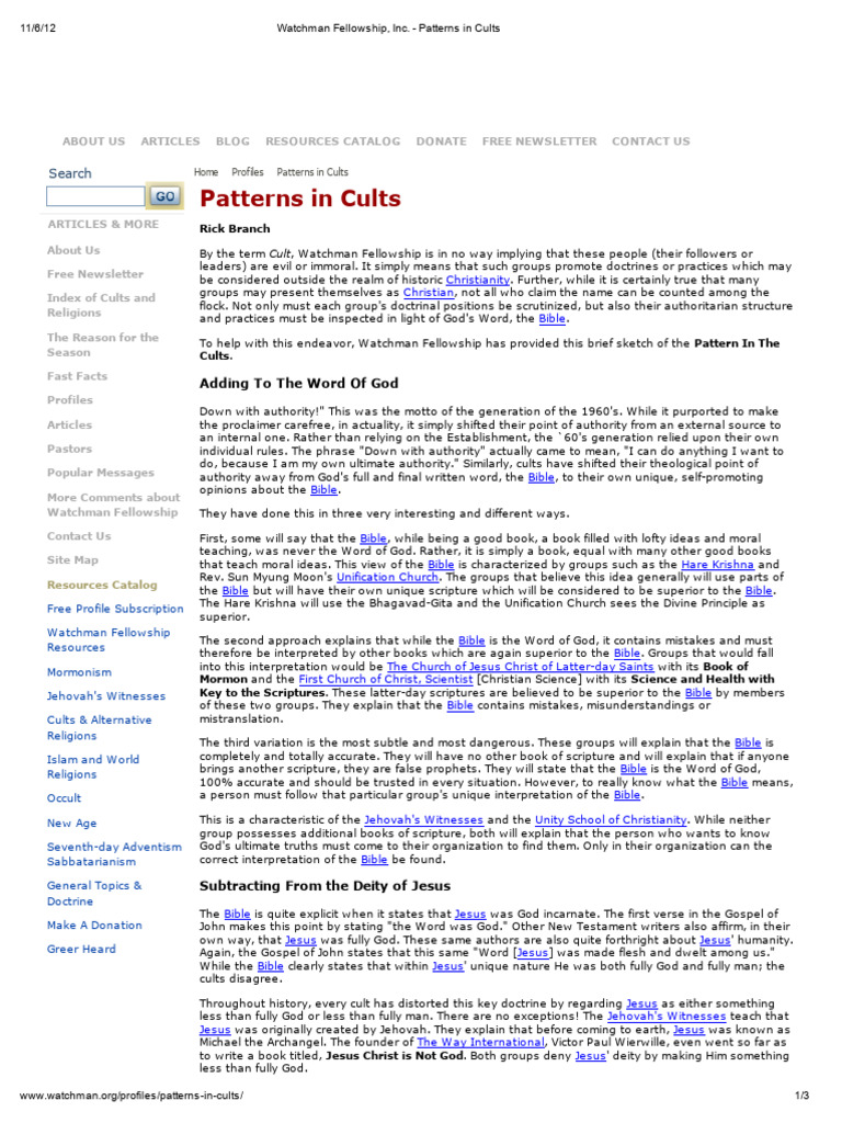 Reading 2 - Patterns in Cults, Watchman Fellowship, Inc | PDF ...