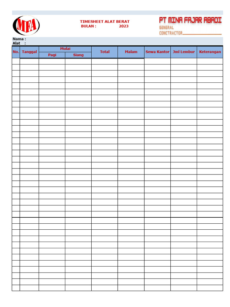 Timesheet Alat Operator Pdf