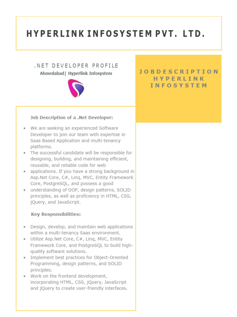 .Net Developer Job Description - Ahmedabad | PDF | J Query | Object ...
