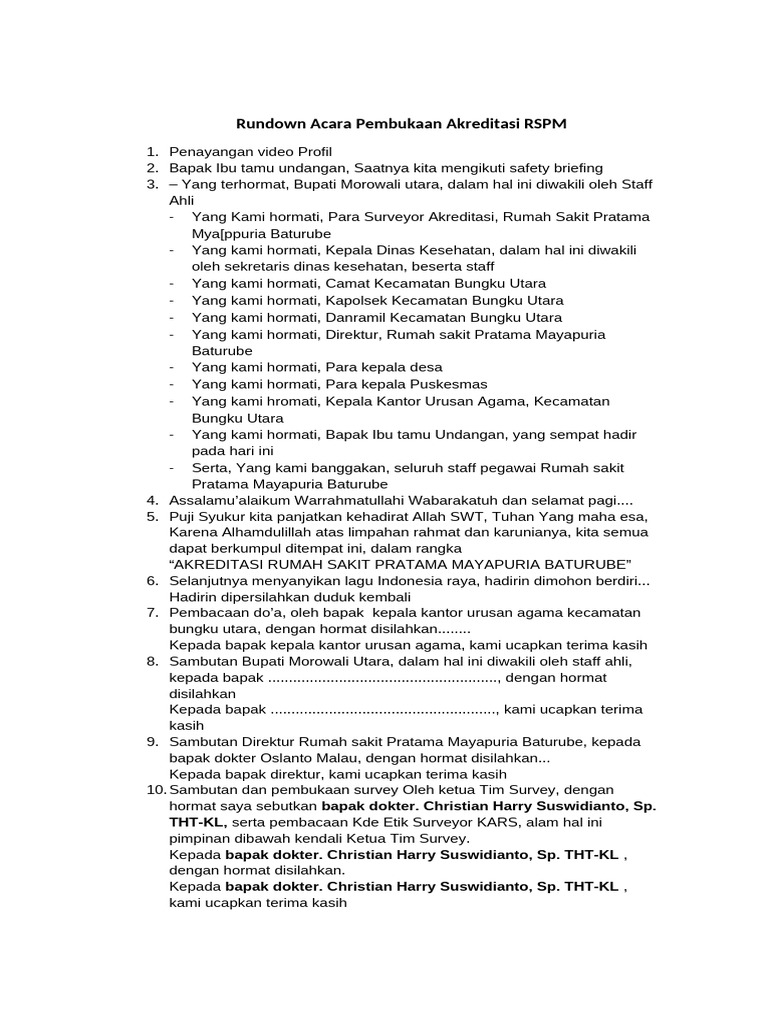 Rundown Acara Akreditasi RSPM Baturube | PDF