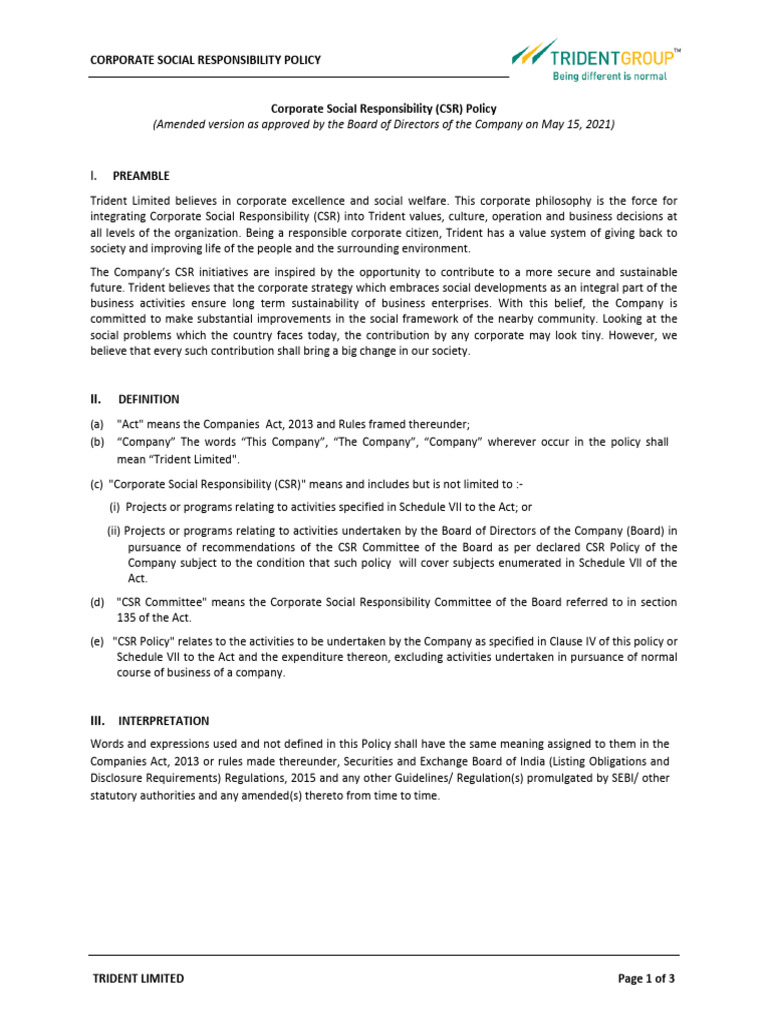 Corporate Social Responsibility CSR Policy A52f0cb763 | PDF | Corporate ...