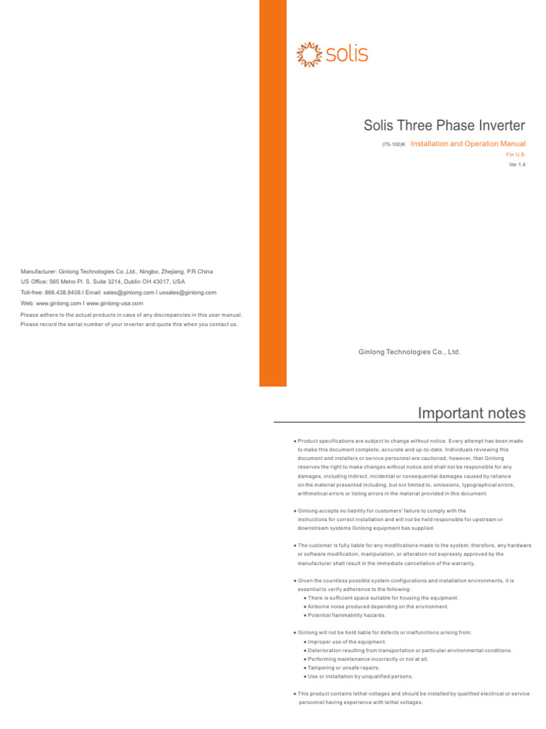 Solis Three Phase Inverter Manual | PDF | Electrical Connector | Power ...