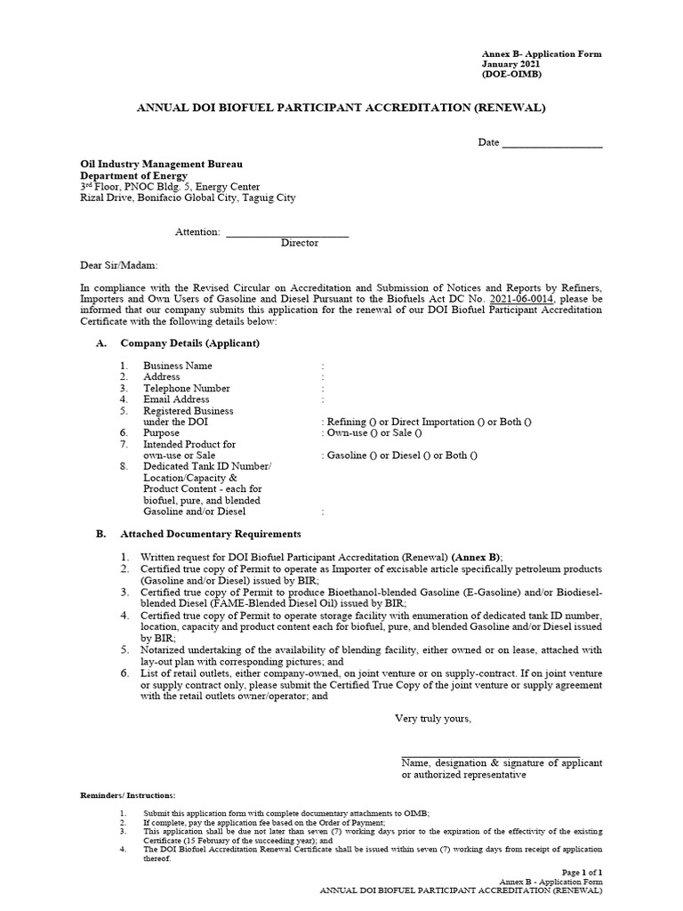 DOI Biofuel Accreditation Renewal Form | PDF | Biofuel | Diesel Fuel