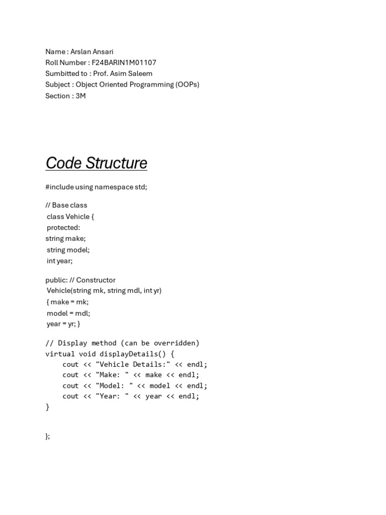 OOPs Project: Vehicle Inheritance Example | PDF | Computer Programming ...