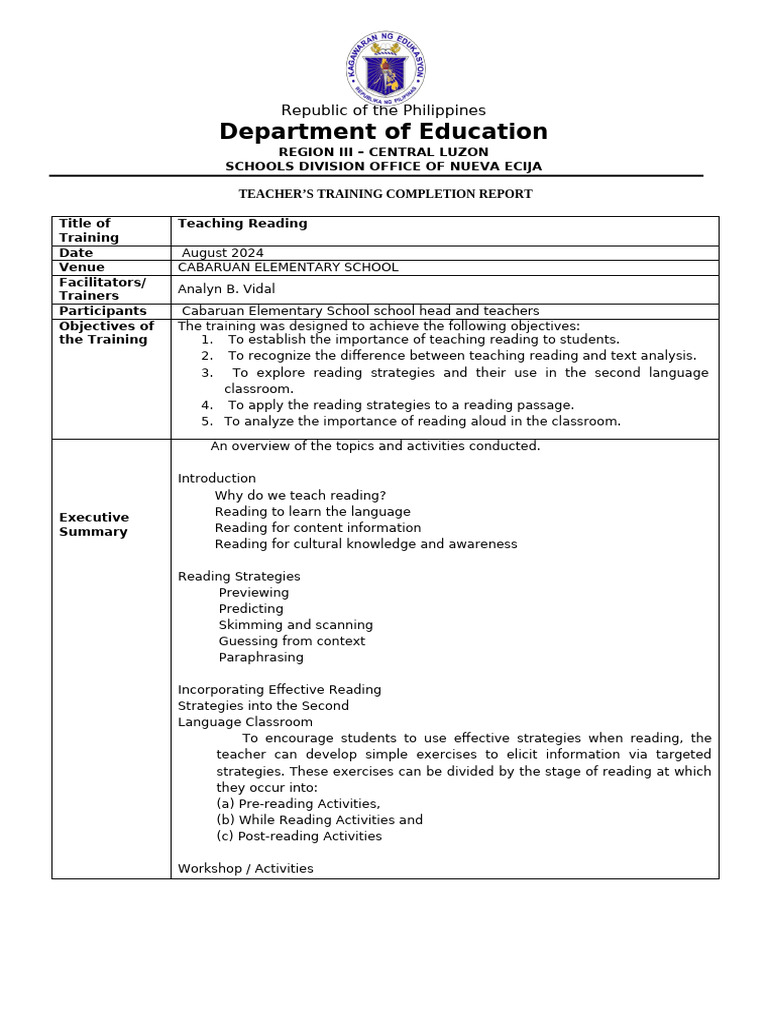CES Teachers Training Completion Report | PDF | Reading Comprehension ...