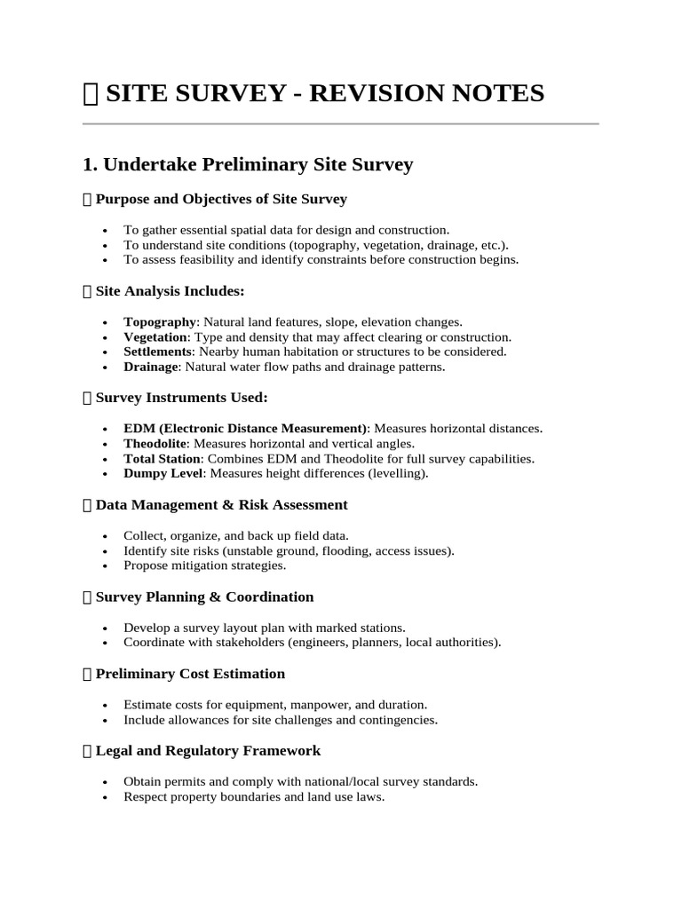 Site Survey Revision Notes | PDF | Surveying