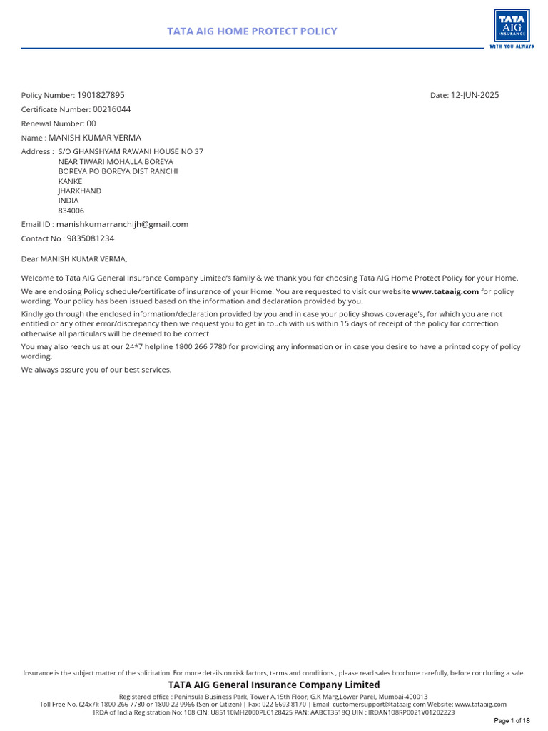 Tata AIG Home Protect Policy Details | PDF | Insurance | Indemnity
