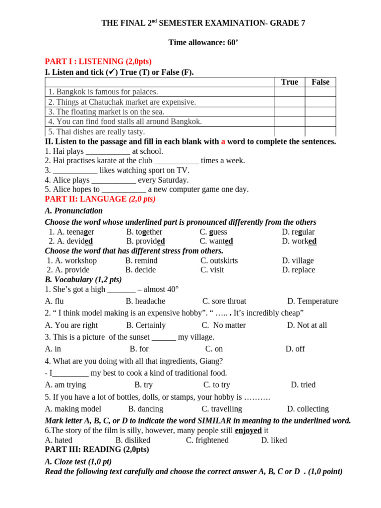 Grade 7 Final Exam: Listening & Language | PDF