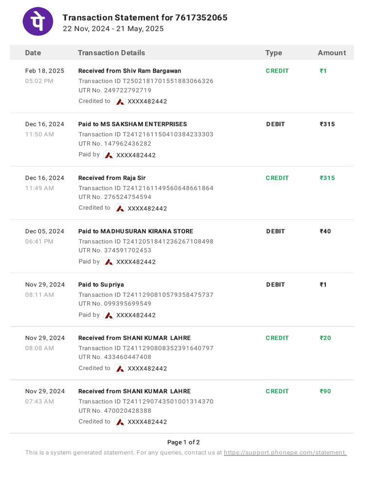 Transaction Statement for Account 7617352065 | PDF | Debit Card