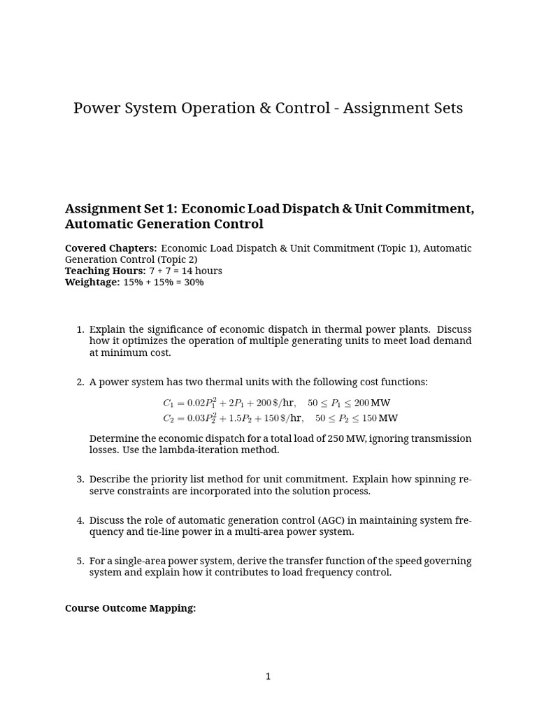 Power System Operation & Control Assignments | PDF | Forecasting ...