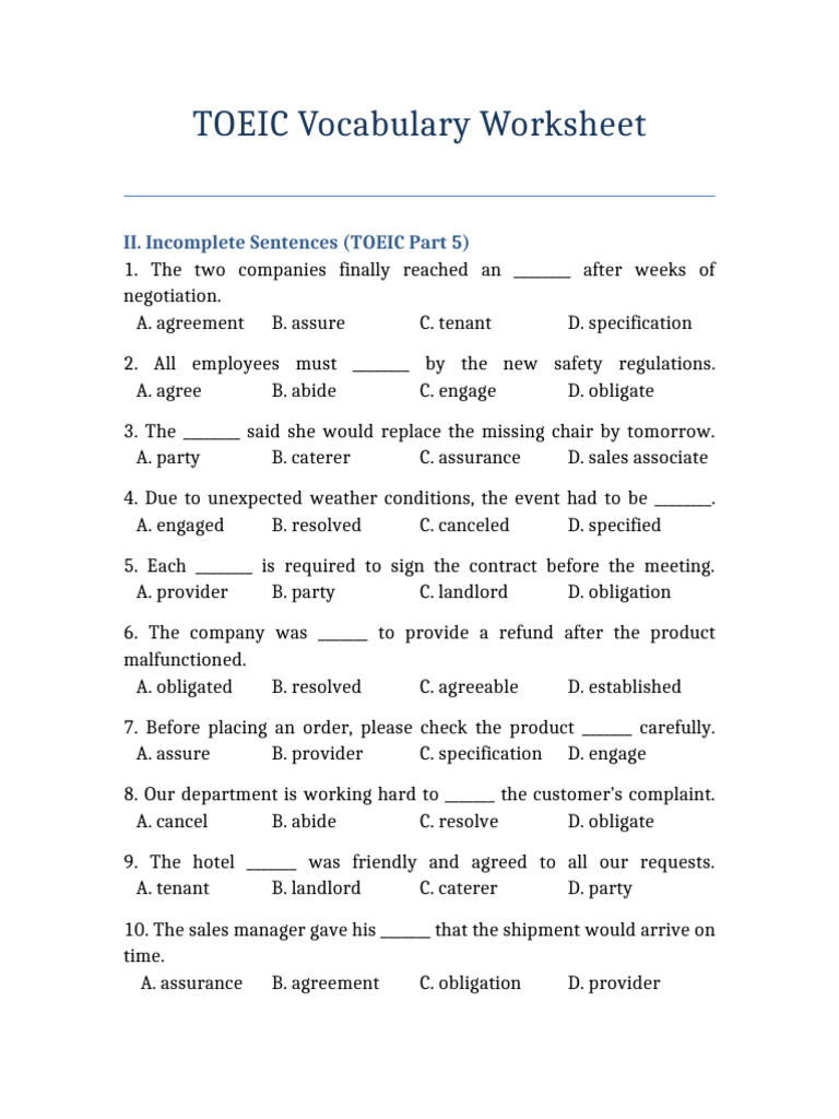 TOEIC Vocabulary Worksheet Updated | PDF | Lease | Landlord