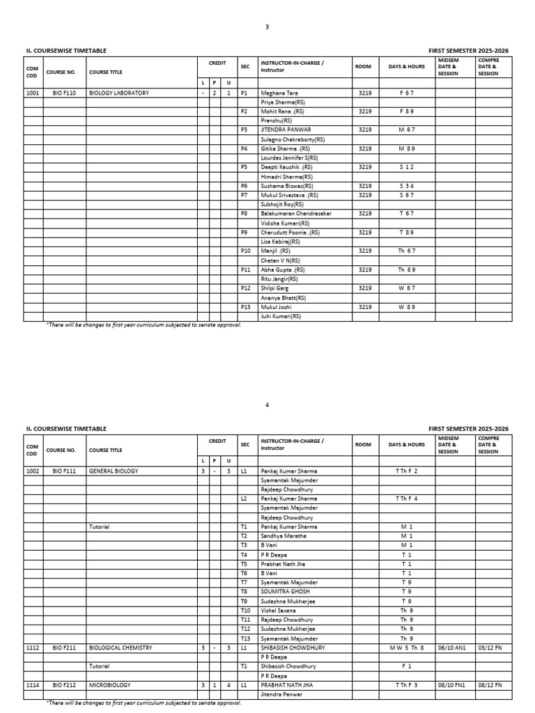 First Semester 2025-2026 Timetable | PDF | Biology | Life Sciences