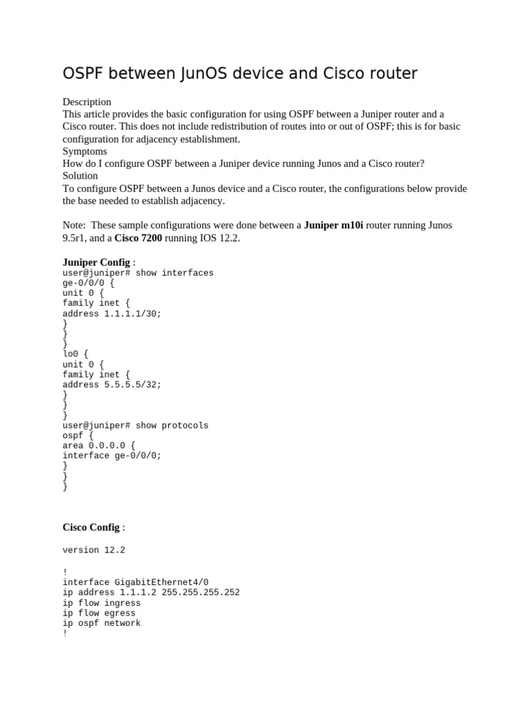 OSPF Setup: JunOS & Cisco Router | PDF