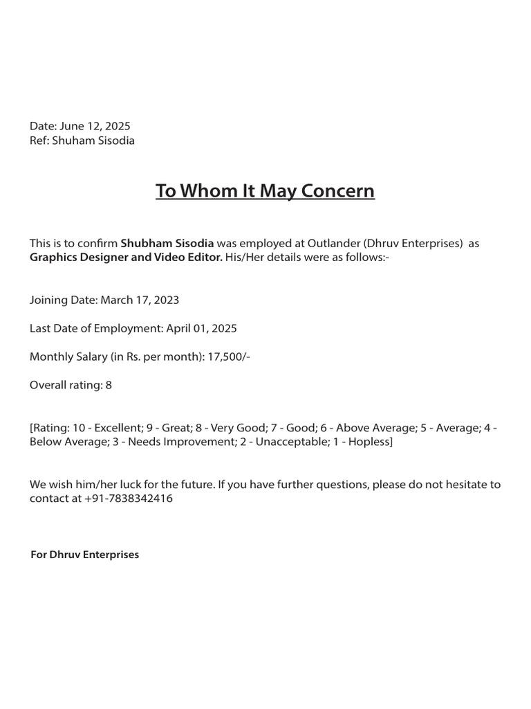 Shubham Sisodia Experience Letter | PDF
