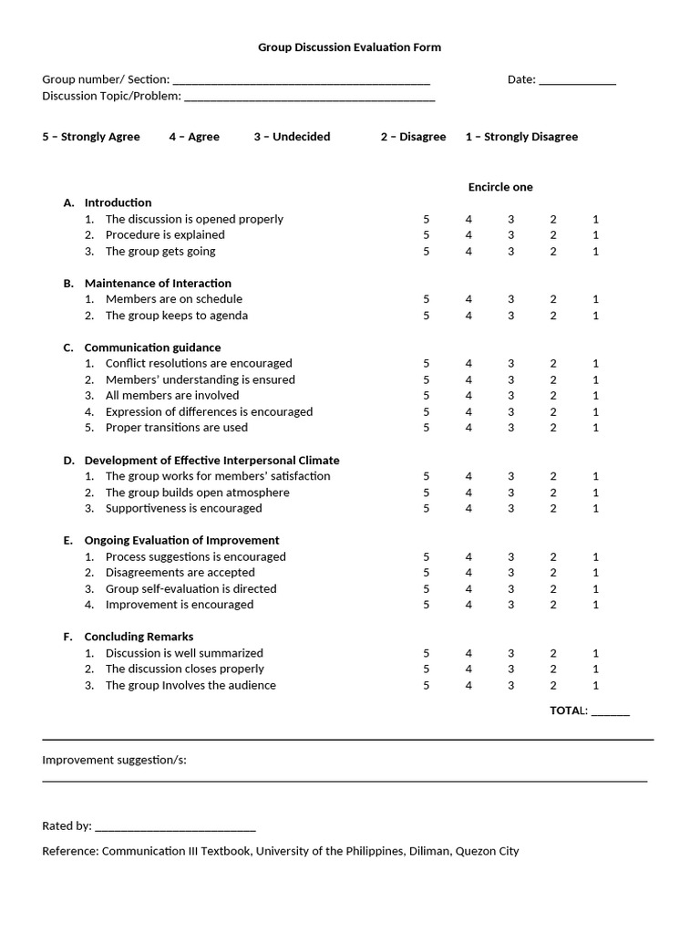 Group Discussion Evaluation Form | PDF | Social Psychology