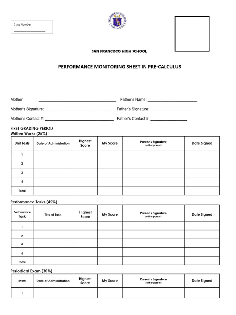 Pre-Calculus Grading Performance Sheet | PDF
