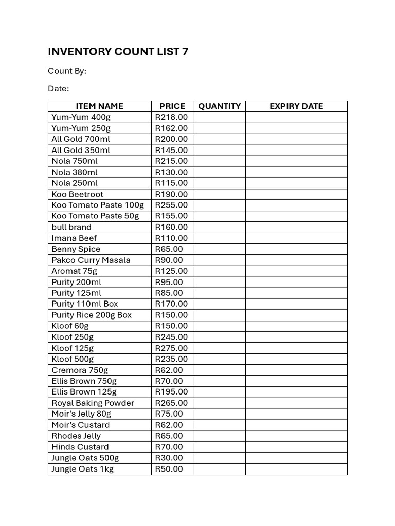 Inventory Count List and Prices | PDF