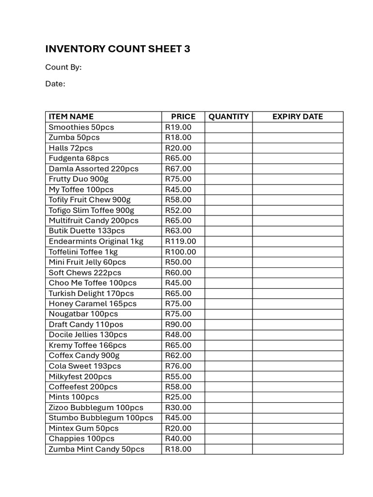 Inventory Count Sheet for Sweets | PDF | Candy | Sugar