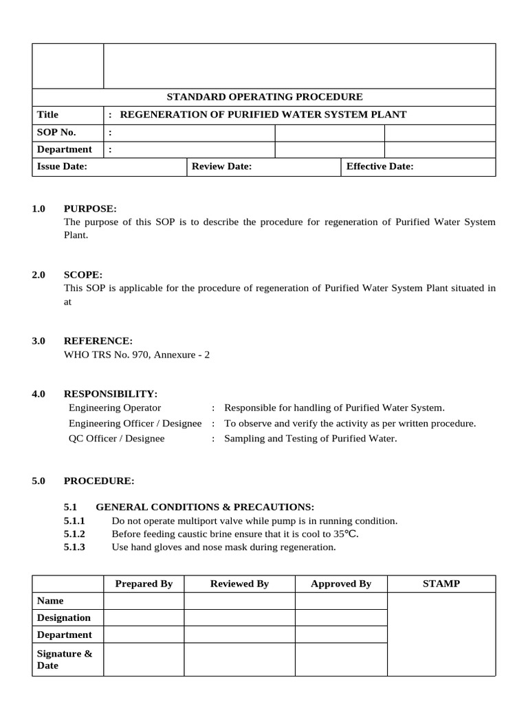 Purified Water System Regeneration SOP | PDF | Purified Water | Pump