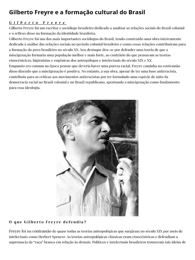 Gilberto Freyre e a Democracia Racial | PDF | Racismo | Discriminação e ...