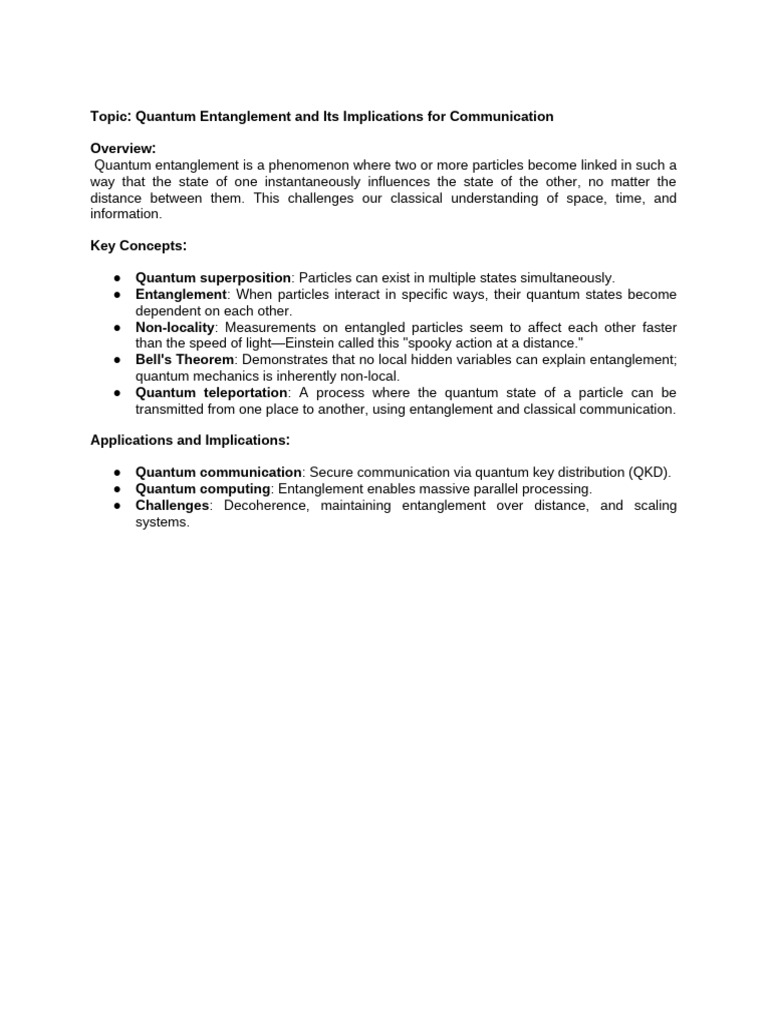 Topic - Quantum Entanglement and Its Implications For Communication | PDF