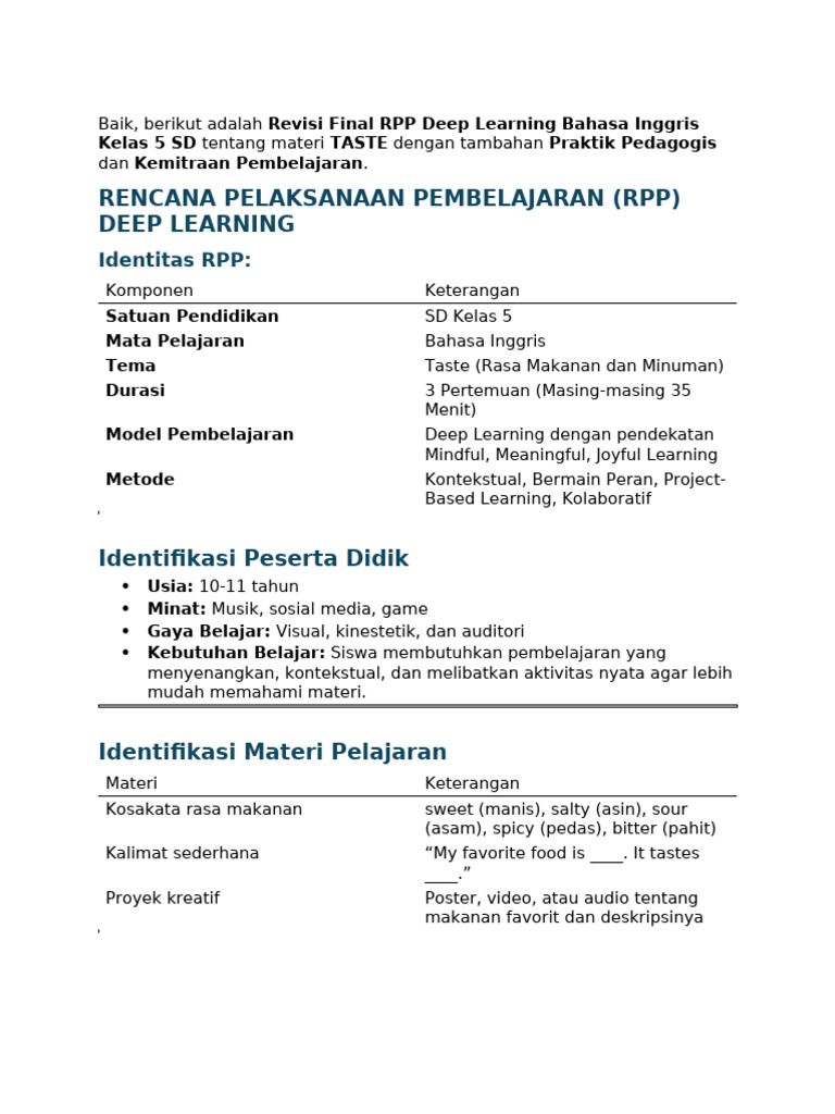 RPP Deep Learning Bahasa Inggris Kelas 5 | PDF