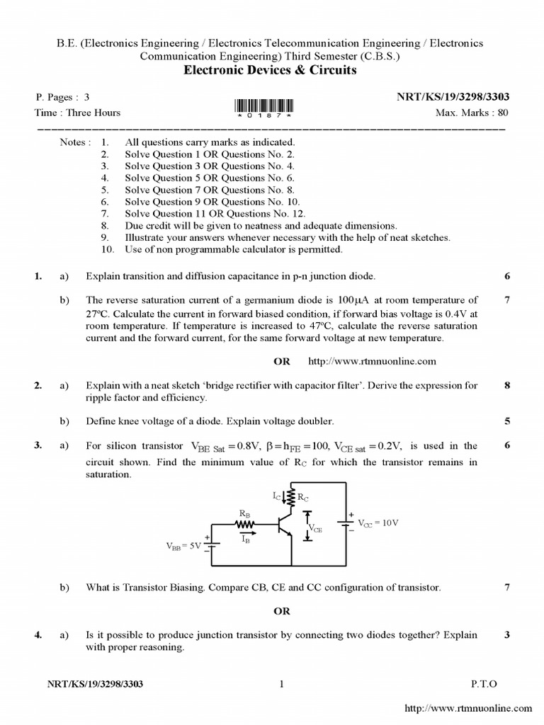 Btech Etc 3 Sem Electronic Devices and Circuits 3303 Summer 2019 | PDF