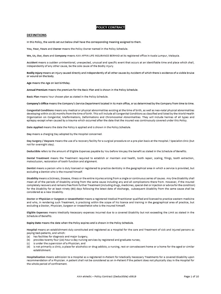 AXA eMedic Policy Contract Overview | PDF | Insurance | Dentistry