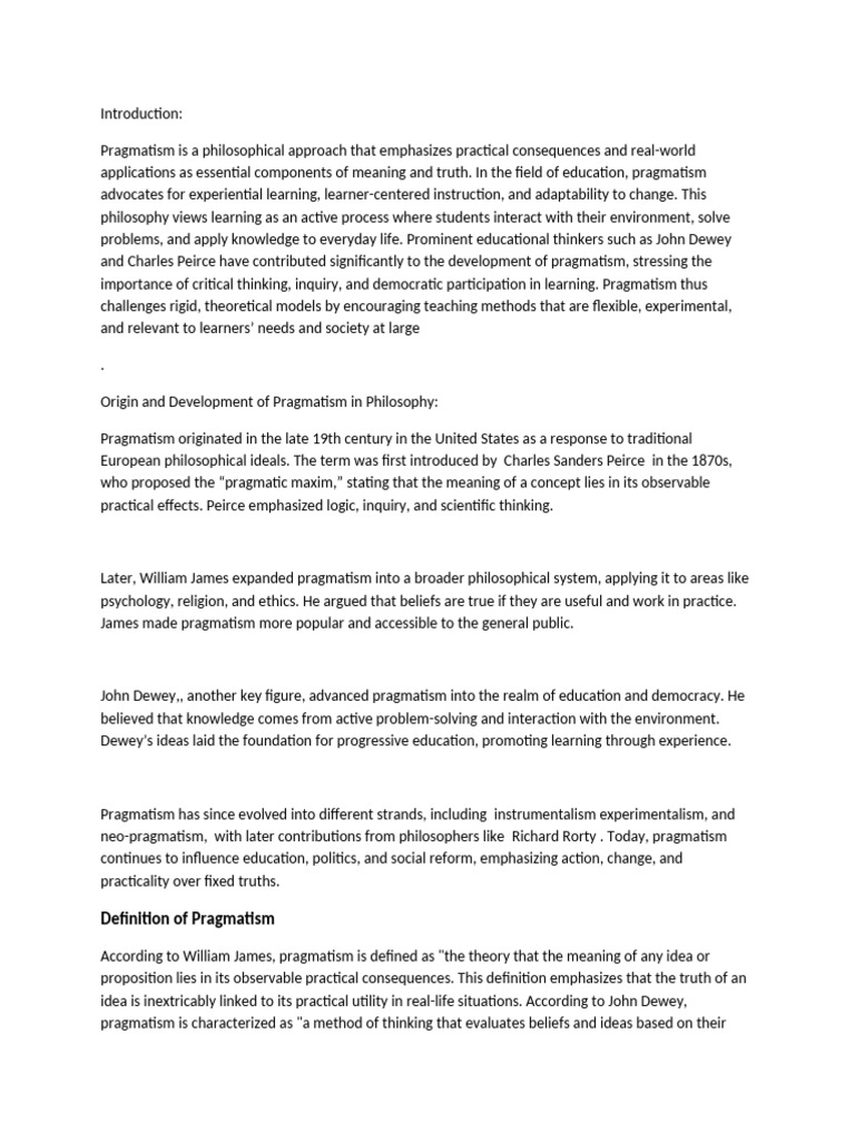Pragmatism in Education: Dewey's Insights | PDF | Pragmatism | John Dewey