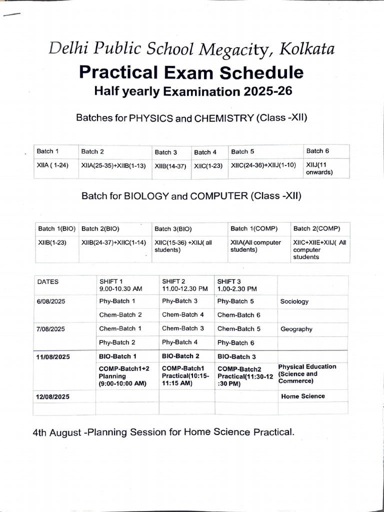 Class XII Practical Exam Schedule 2025-26 | PDF | Science