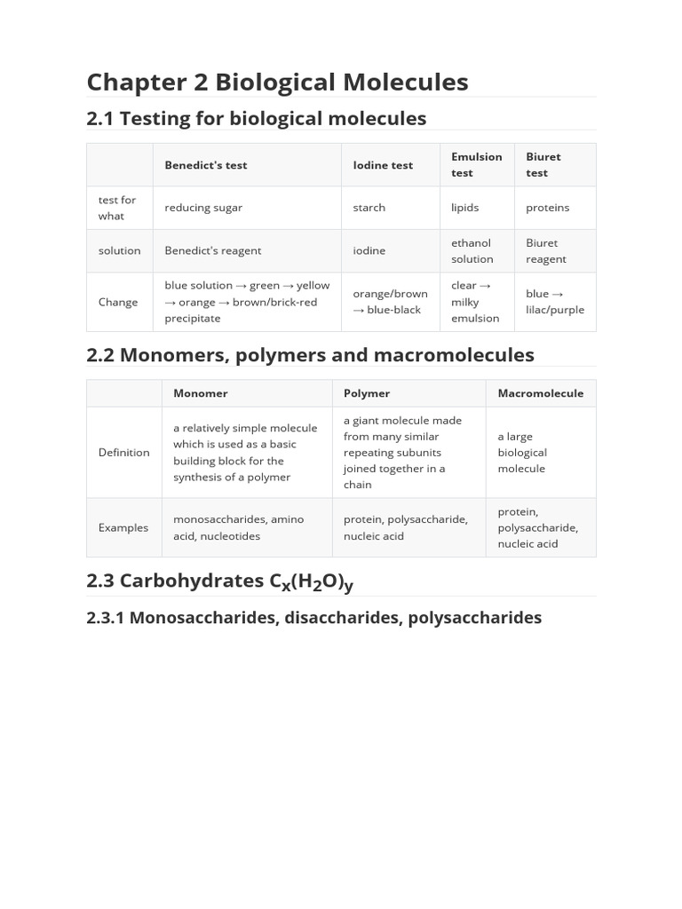 Biological Molecules and Tests Overview | PDF | Hydrolysis | Carbohydrates