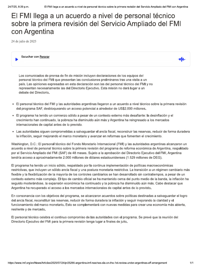 FMI. El FMI Llega A Un Acuerdo Técnico Sobre La Primera Revisión Del ...