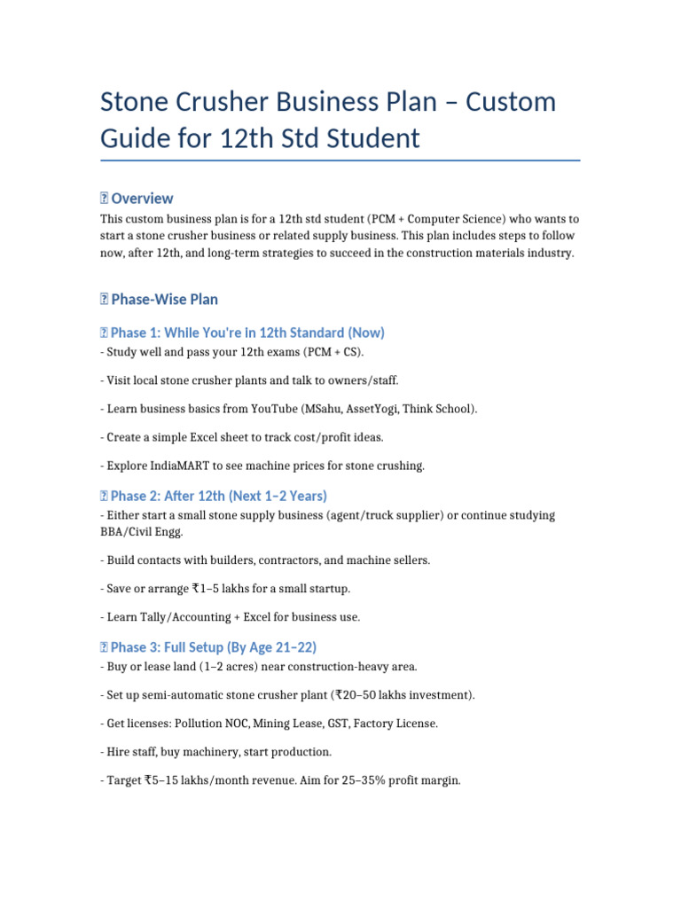 Stone Crusher Business Plan for Students | PDF
