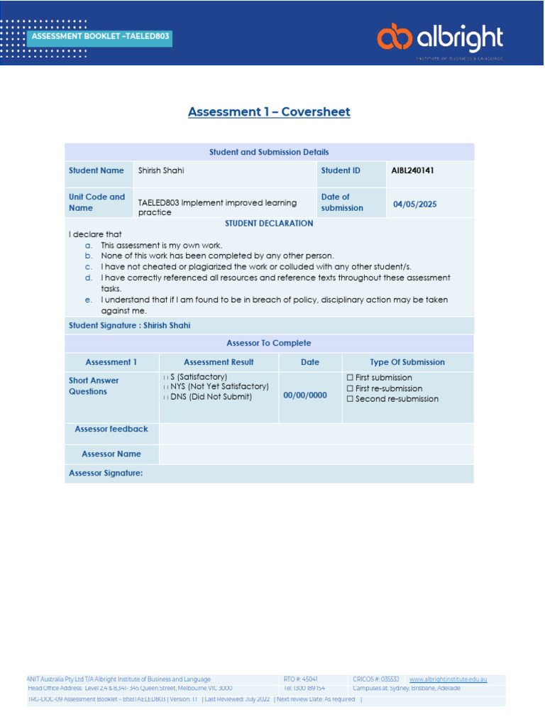 TAELED803 Assessment Booklet Overview | PDF | Educational Assessment ...