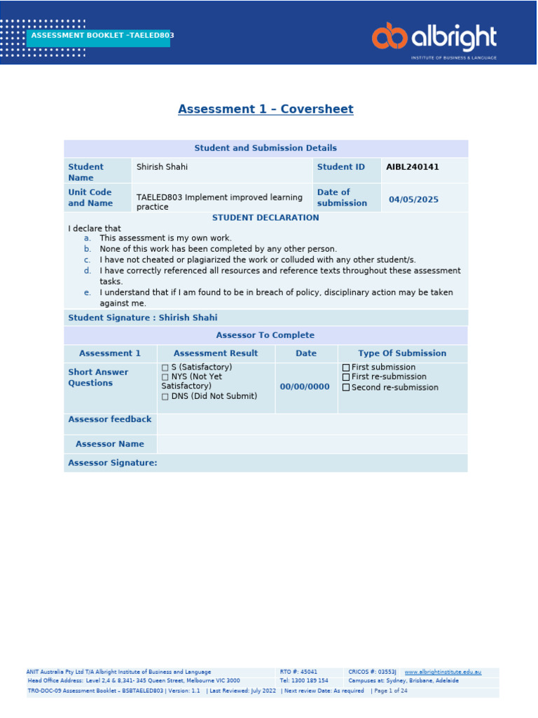 TAELED803 Assessment 1 (Word Version) Assessment 1 | PDF | Educational ...