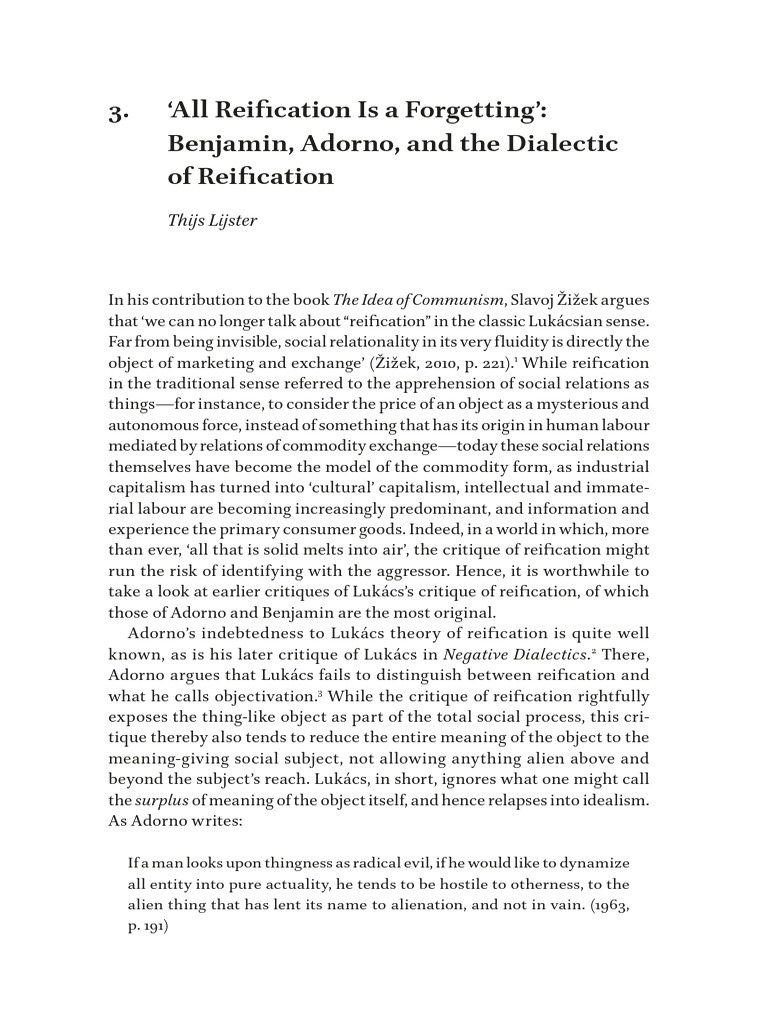 Reification: Adorno and Benjamin's Critique | PDF | Theodor W. Adorno ...