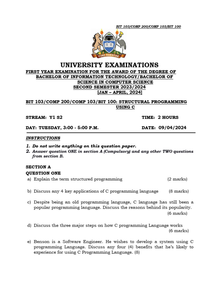 COMP 103 Structural Programming Exam | PDF | Computer Programming ...