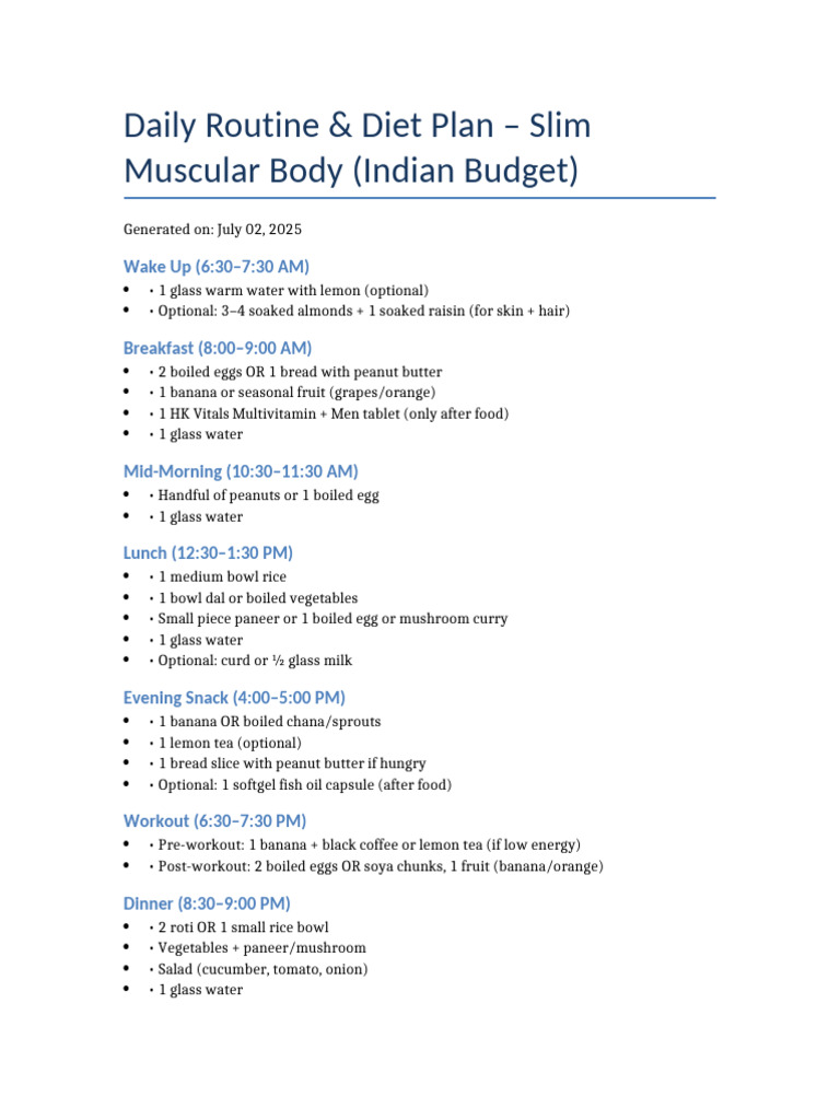 Slim Muscular Body Daily Routine India | PDF